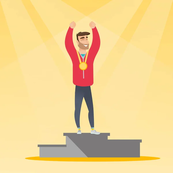 Sportif caucasien célébrant sur le podium des gagnants . — Image vectorielle
