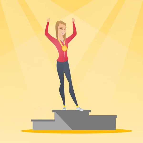 Femme sportive caucasienne célébrant sur le podium gagnant — Image vectorielle