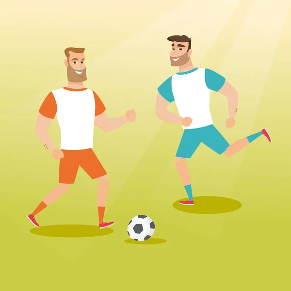 Two caucasian soccer players fighting for a ball. — Stock Vector