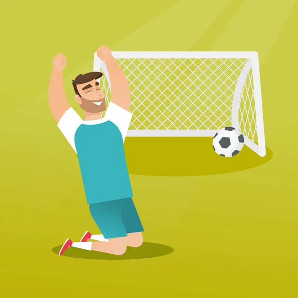 Young caucasian soccer player celebrating a goal. — Stock Vector