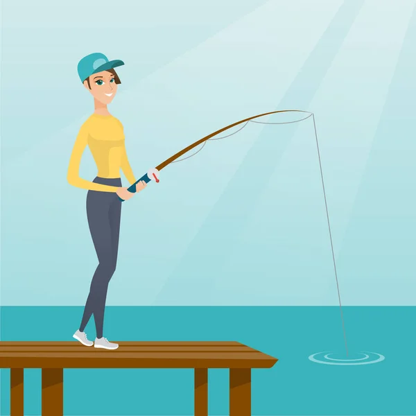 Mujer joven caucásica pesca en embarcadero . — Vector de stock