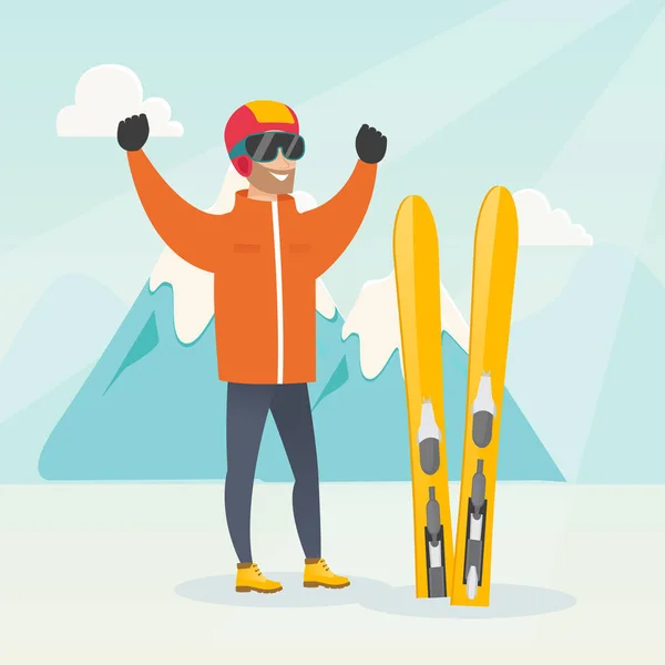 Young caucasian skier standing with raised hands. — Stock Vector