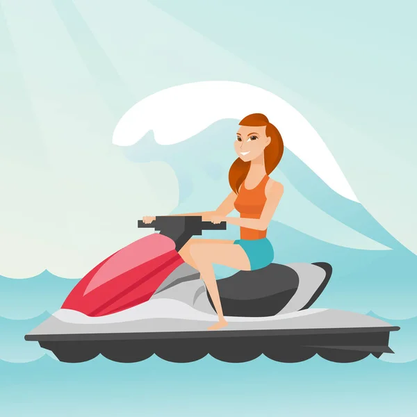 Mujer caucásica montando en moto de agua en el mar — Archivo Imágenes Vectoriales