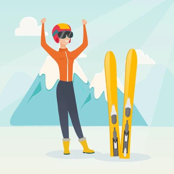 Jeune skieur caucasien debout avec les mains levées . — Image vectorielle