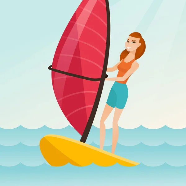 Mujer caucásica joven windsurf en el mar . — Vector de stock