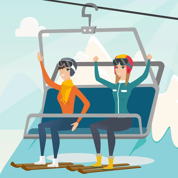 Dois esquiadores caucasianos usando cabo na estação de esqui . —  Vetores de Stock