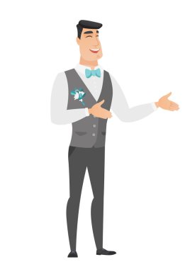 Genç Beyaz mutlu damat el hareketi.