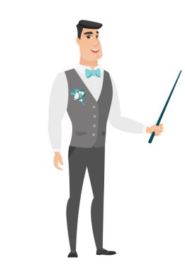 Beyaz damat işaretçi sopa tutan.