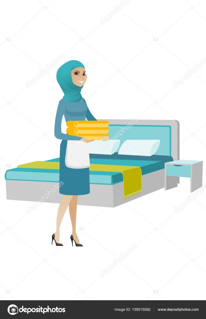 Muslim Housekeeping Maid With Stack Of Linen Stock Vector
