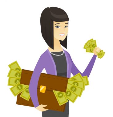 Asya iş kadını ile para dolu çanta.