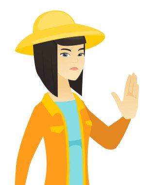 Palm el gösterilen genç Asyalı çiftçi.