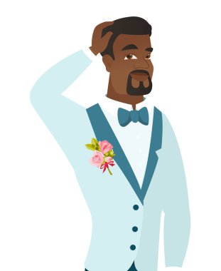 Genç Afro-Amerikan damat başını tırmalamak.