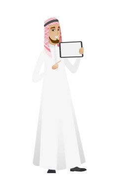 Smiling businessman holding tablet computer.