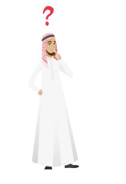 Soru işaretiyle düşünen bir iş adamı.