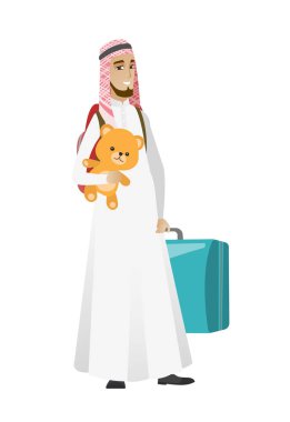 Eski bavul ve oyuncak ayı ile seyahat adam.