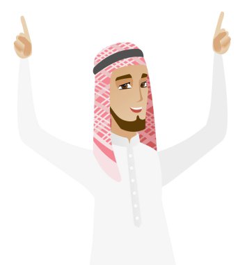 Müslüman işadamı ile ayakta kollarını kaldırdı.