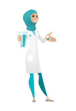 Eczacı hapları ve su vererek.