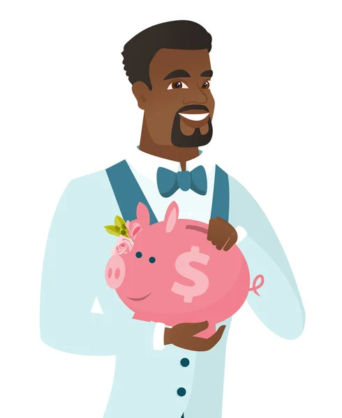 Afrikanisch-amerikanischer Bräutigam mit Sparschwein. — Stockvektor
