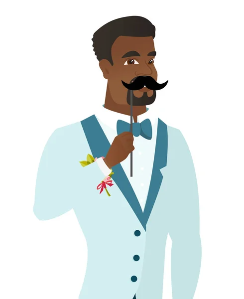 Jovem noivo afro-americano com um bigode falso . — Vetor de Stock