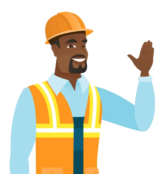 Jeune constructeur afro-américain agitant la main . — Image vectorielle