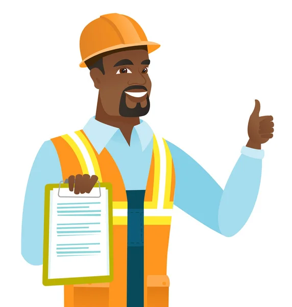 Constructor africano con portapapeles dando pulgar hacia arriba . — Vector de stock