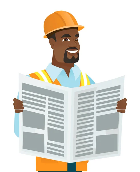 Constructor afroamericano leyendo periódico . — Vector de stock