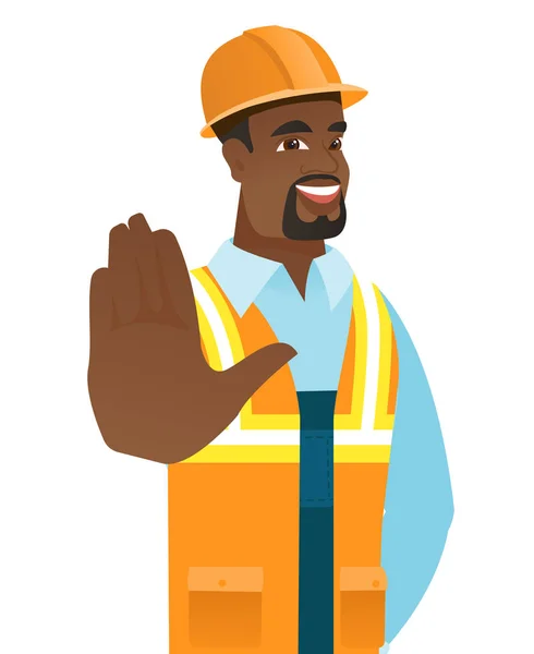 Constructor afroamericano mostrando la palma de la mano . — Vector de stock
