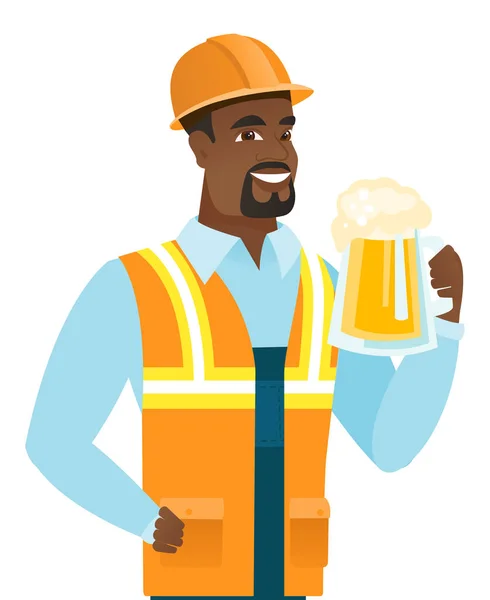 Jovem construtor afro-americano bebendo cerveja . — Vetor de Stock