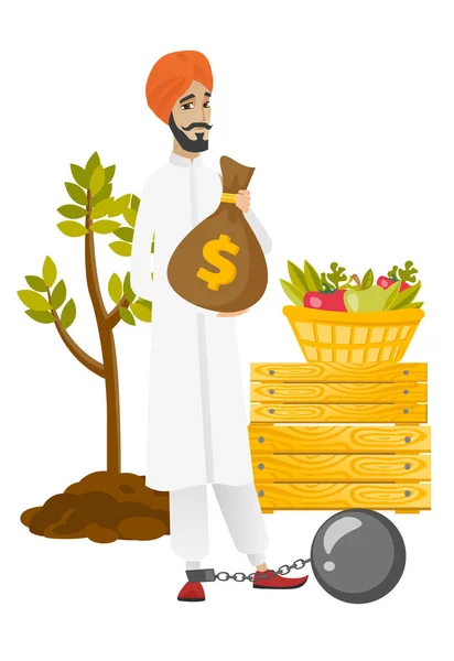 Fazendeiro hindu acorrentado segurando um saco de dinheiro . — Vetor de Stock