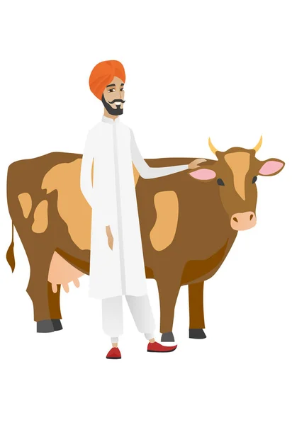 Agricultor de pé com braços cruzados perto da vaca . — Vetor de Stock