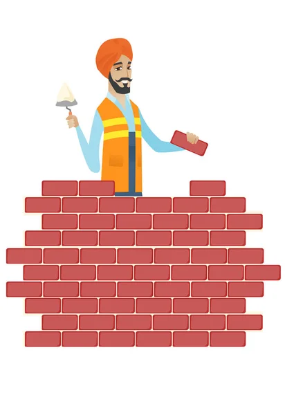 Hindu pedreiro trabalhando com espátula e tijolo . — Vetor de Stock