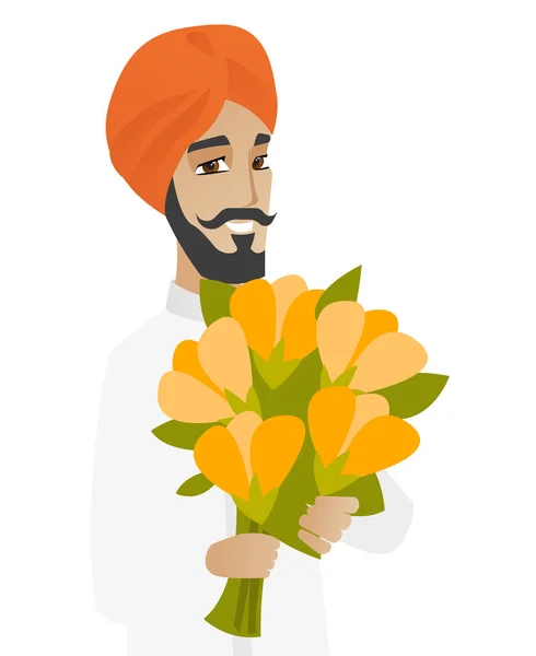 Hindu businessman holding bouquet of flowers. — Stock Vector