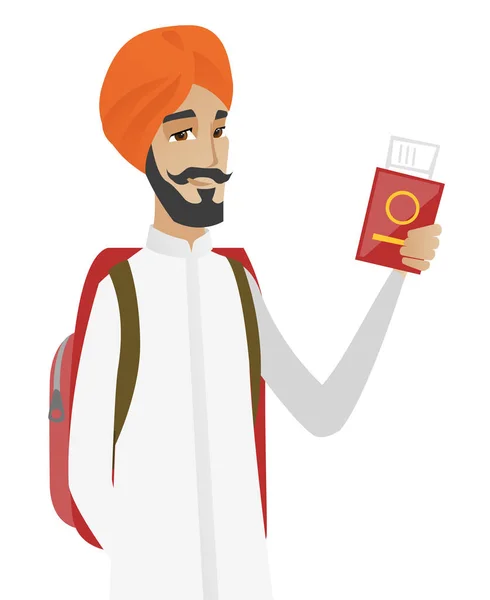 Hombre hindú viajero con pasaporte con billete . — Vector de stock