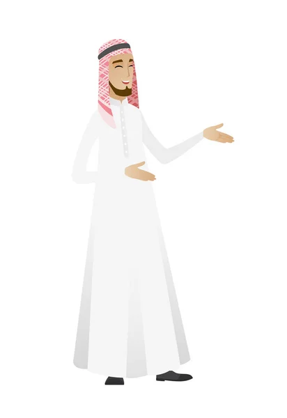 Jonge moslims gelukkig zakenman gebaren. — Stockvector