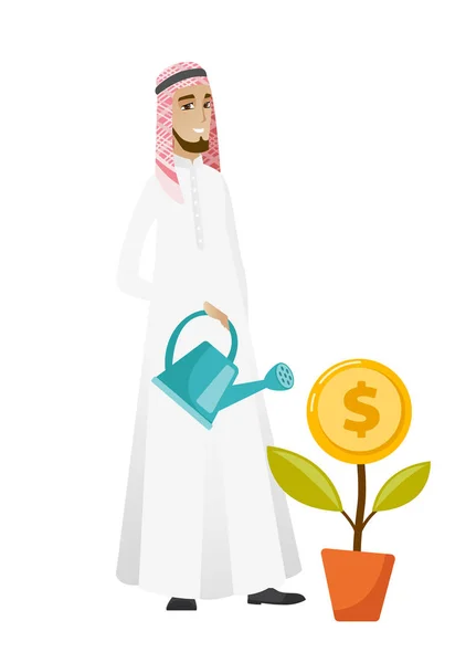 Biznesmen muzułmańskich podlewania pieniądze kwiat. — Wektor stockowy
