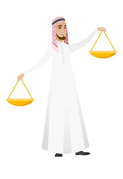 Muslim businessman holding balance scale. — Stock Vector