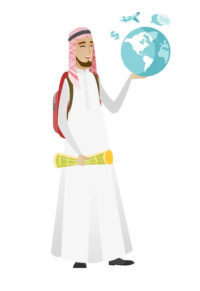 地球儀や地図を保持しているイスラム教徒の旅行者の男. — ストックベクタ