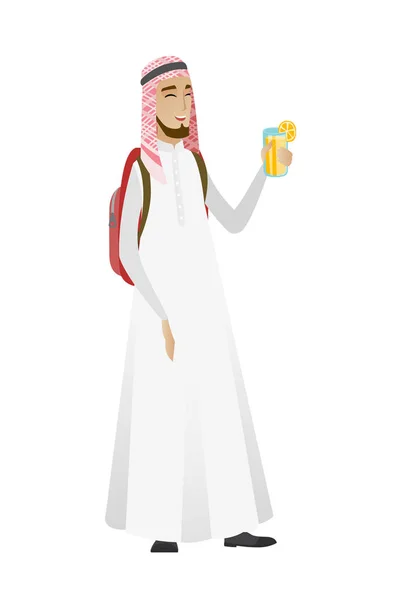 Junger muslimischer Reisender trinkt Cocktail. — Stockvektor