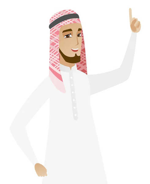 Hombre de negocios musulmán señalando su dedo índice hacia arriba . — Vector de stock