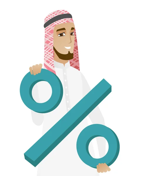 Улыбающийся мусульманский бизнесмен держит знак процента . — стоковый вектор