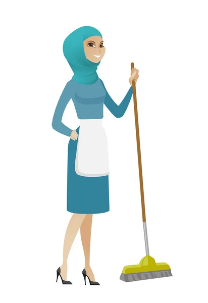 Young muslim pembantu rumah tangga menyapu lantai dengan sapu - Stok Vektor