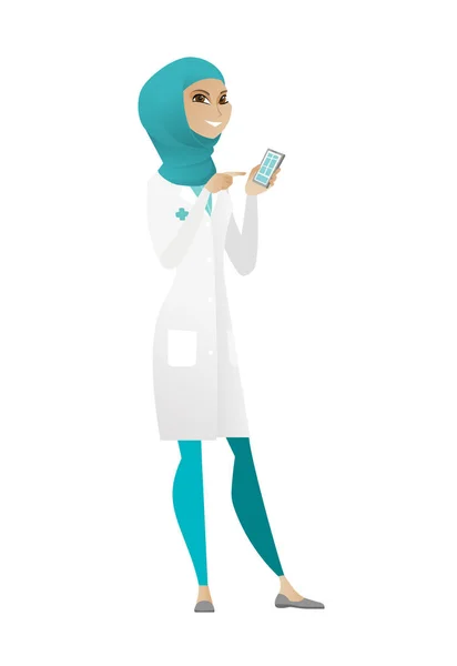 Médico musulmán sosteniendo un teléfono móvil . — Archivo Imágenes Vectoriales
