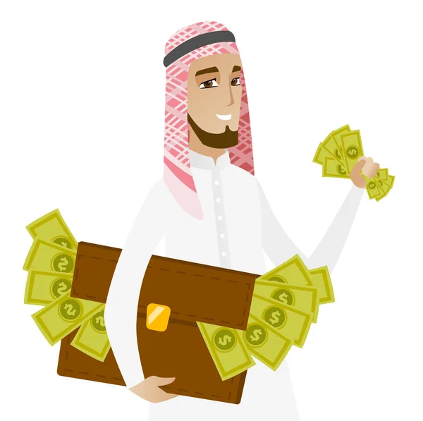 Muslim businessman with briefcase full of money. — Stock Vector