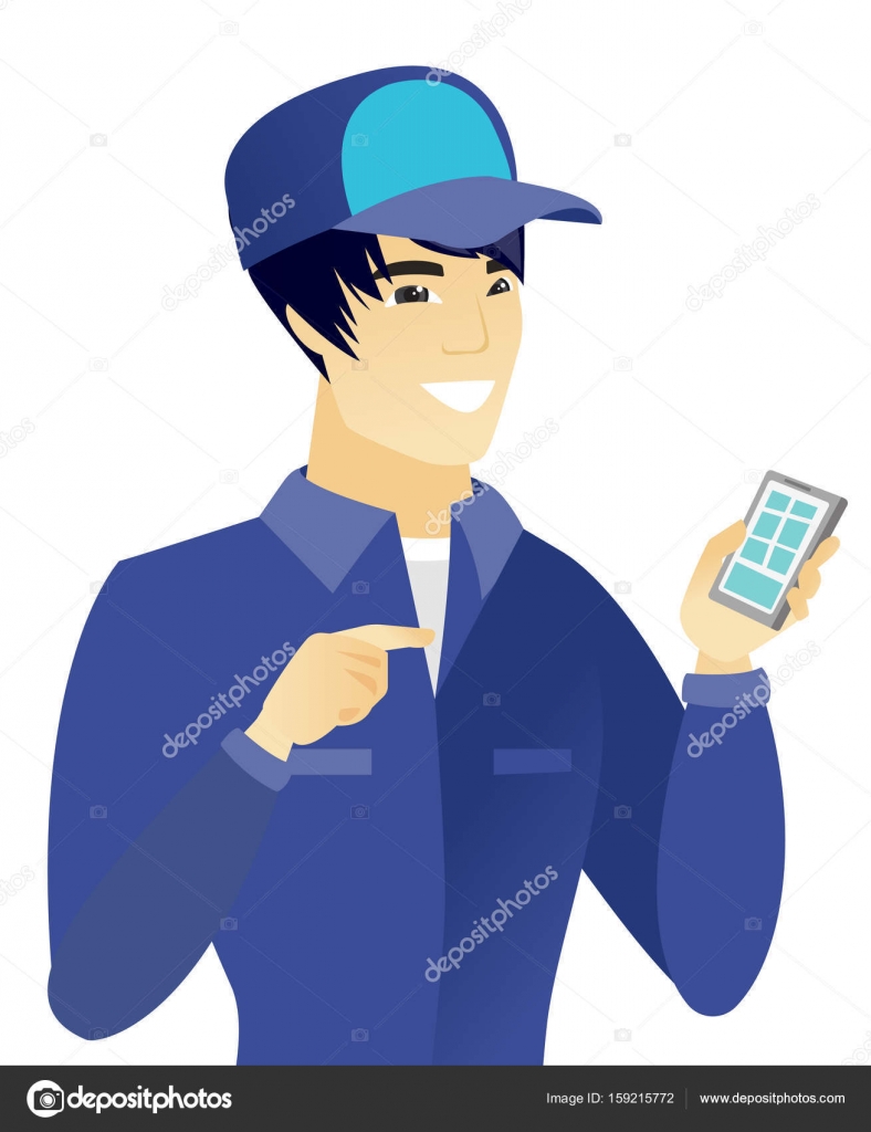 Молодой Азиатский Механик С Мобильным Телефоном. Stock Vector By.