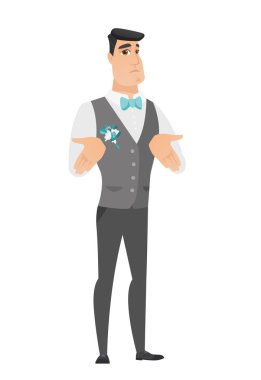Omuzlarında shrugging beyaz şaşkın damat