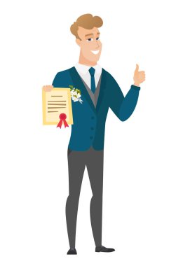 Bir sertifika tutan genç beyaz damat.