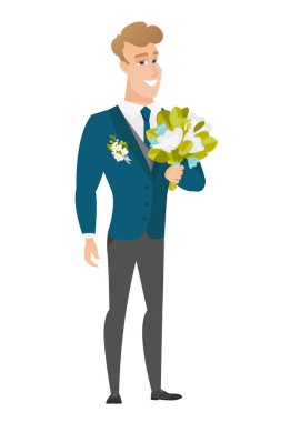 Genç beyaz damat ile gelin buketi.