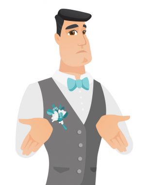 Genç Beyaz şaşkın damat omuzlarında shrugging