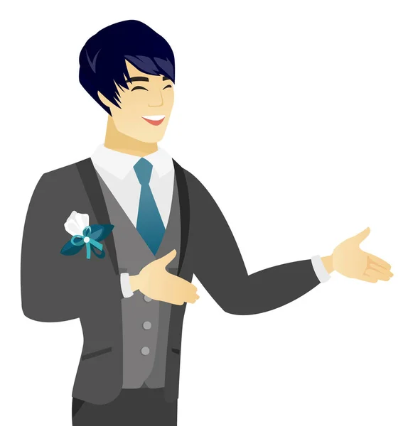 Jovem asiático feliz noivo gestos . — Vetor de Stock