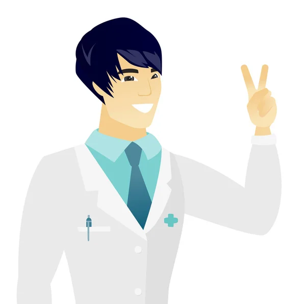 Young asian doctor showing the victory gesture. — Stock Vector